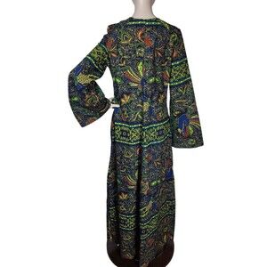 Vintage 70s Ethnic Bohemian Batik Birds Floral Angel Sleeve Dashiki Kaftan Dress